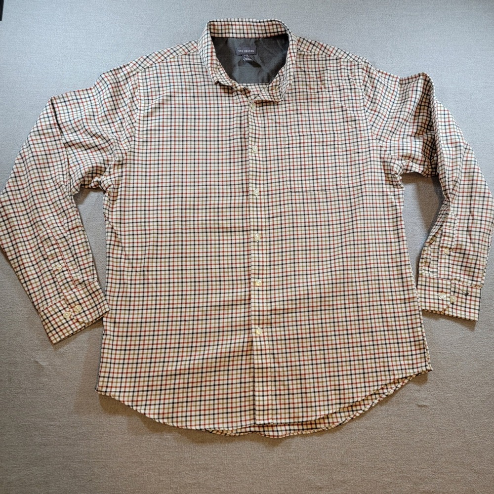 Van Heusen Button Down Shirt Mens Large Multicolor Excellent Plaid Long Sleeve